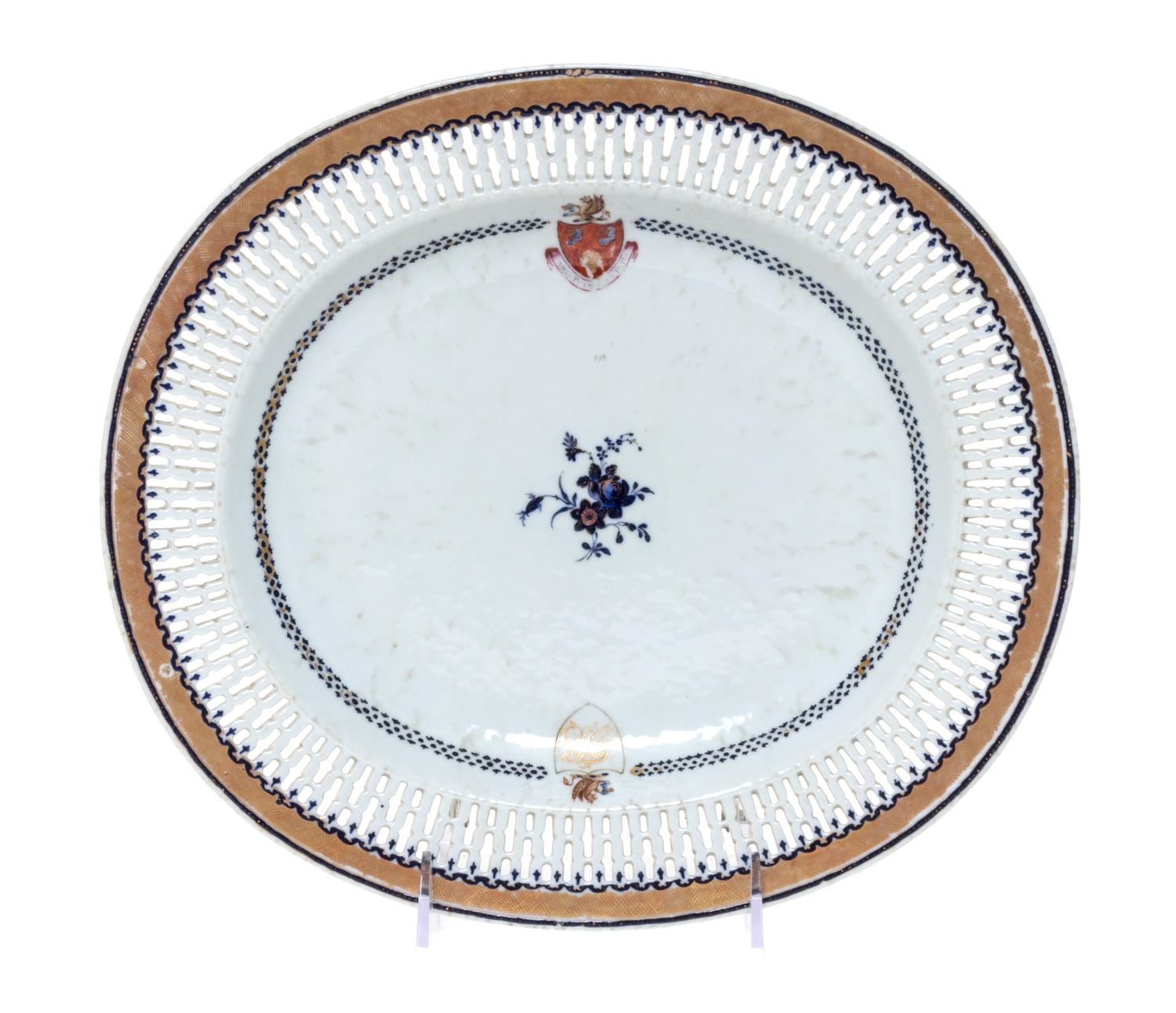 A Chinese Export Porcelain Armorial Serving Dish Width 10 7/8 inches.