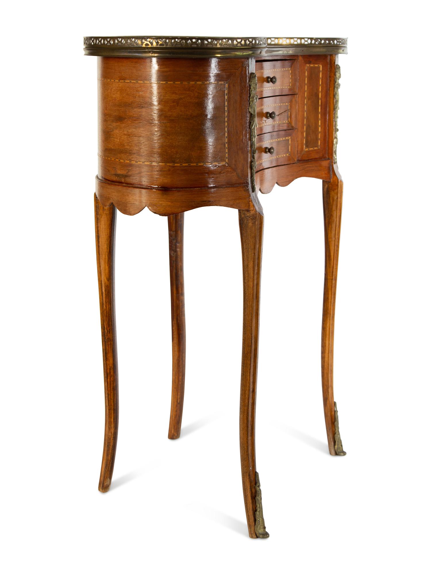 Three French Fruitwood Marble-Top Side Tables