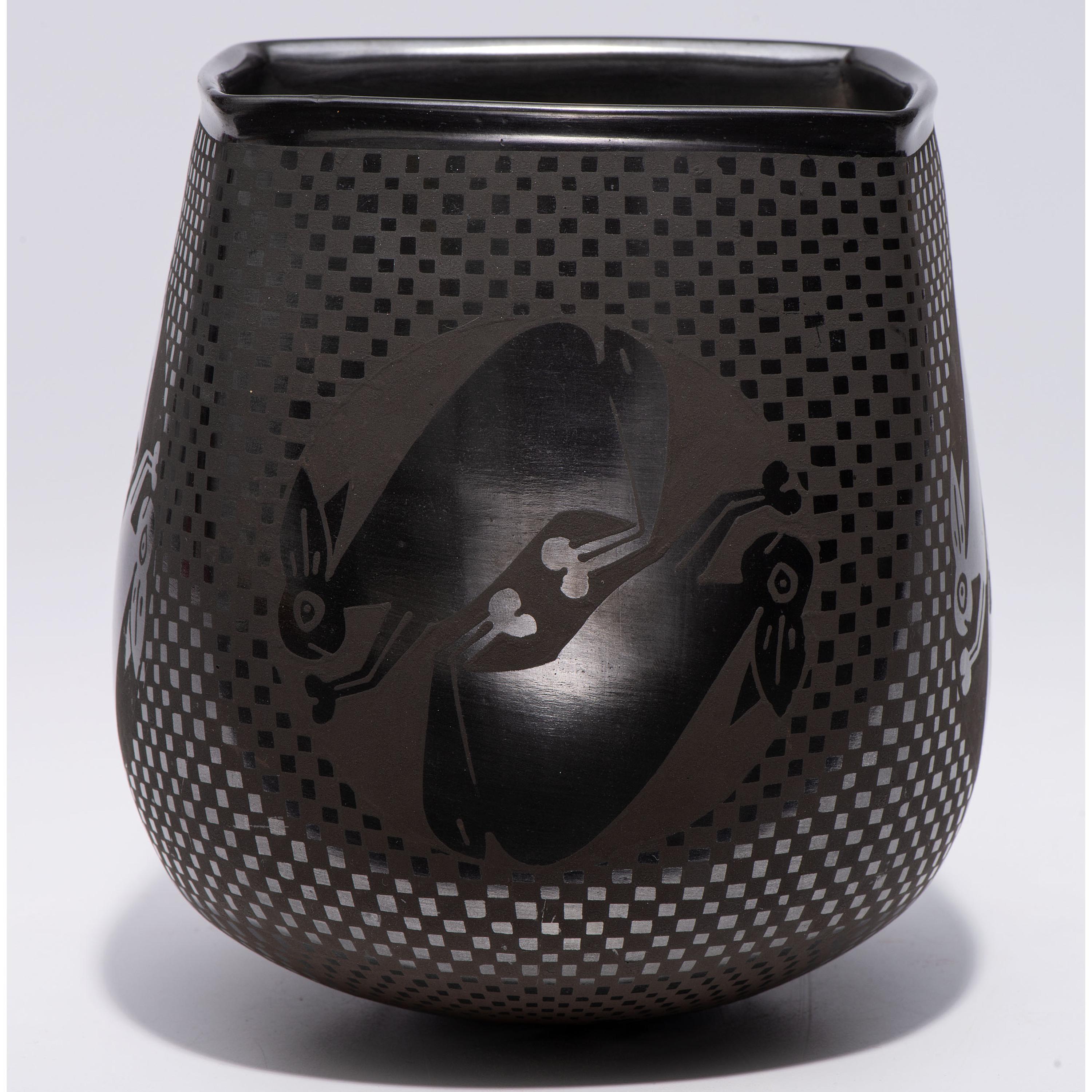Blackware Pottery Vase, with Rabbits