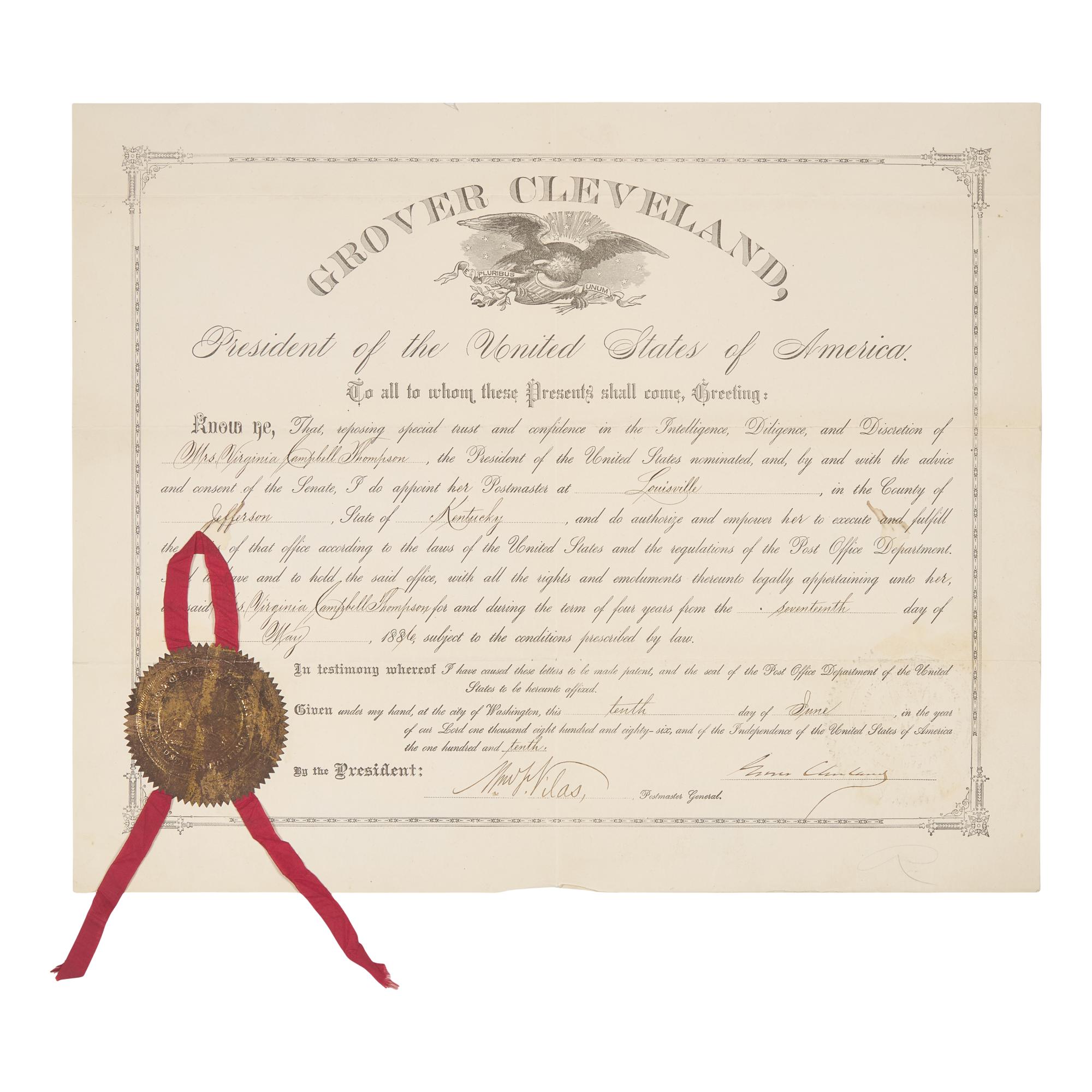 [Presidential] Cleveland, Grover. Partially-printed document, signed