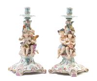 A Pair of Continental Porcelain Figural Candlesticks Height 12 1/2 inches. — ATTRIBUTED TO JOHANSON ROTH, 19TH CENTURY