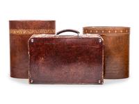 A Vintage Leather Case and Two Leather Wastebaskets