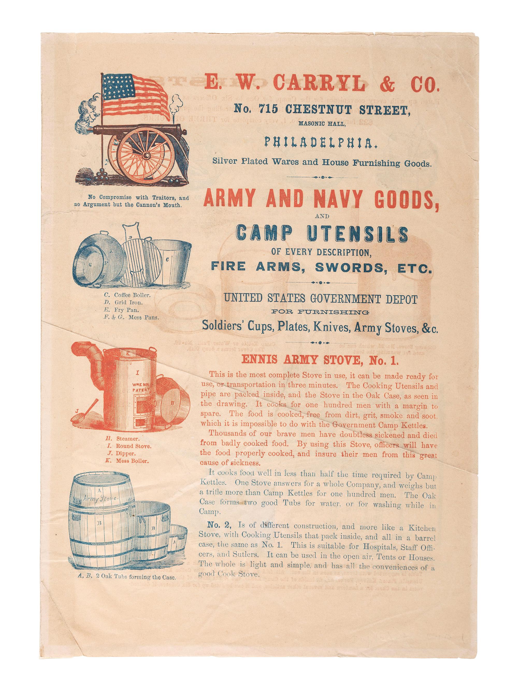 [CIVIL WAR]. E. W. Carryl & Co. ...Army & Navy Goods and Utensil Kit advertising booklet. Philadelphia: King & Baird, n.d.
