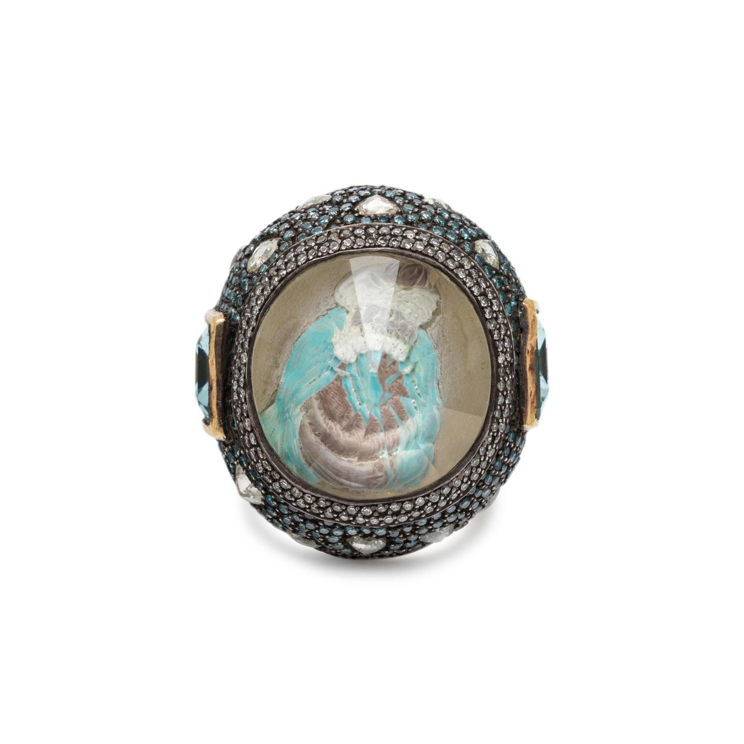 SEVAN BICAKCI, CARVED QUARTZ, AQUAMARINE AND DIAMOND RING