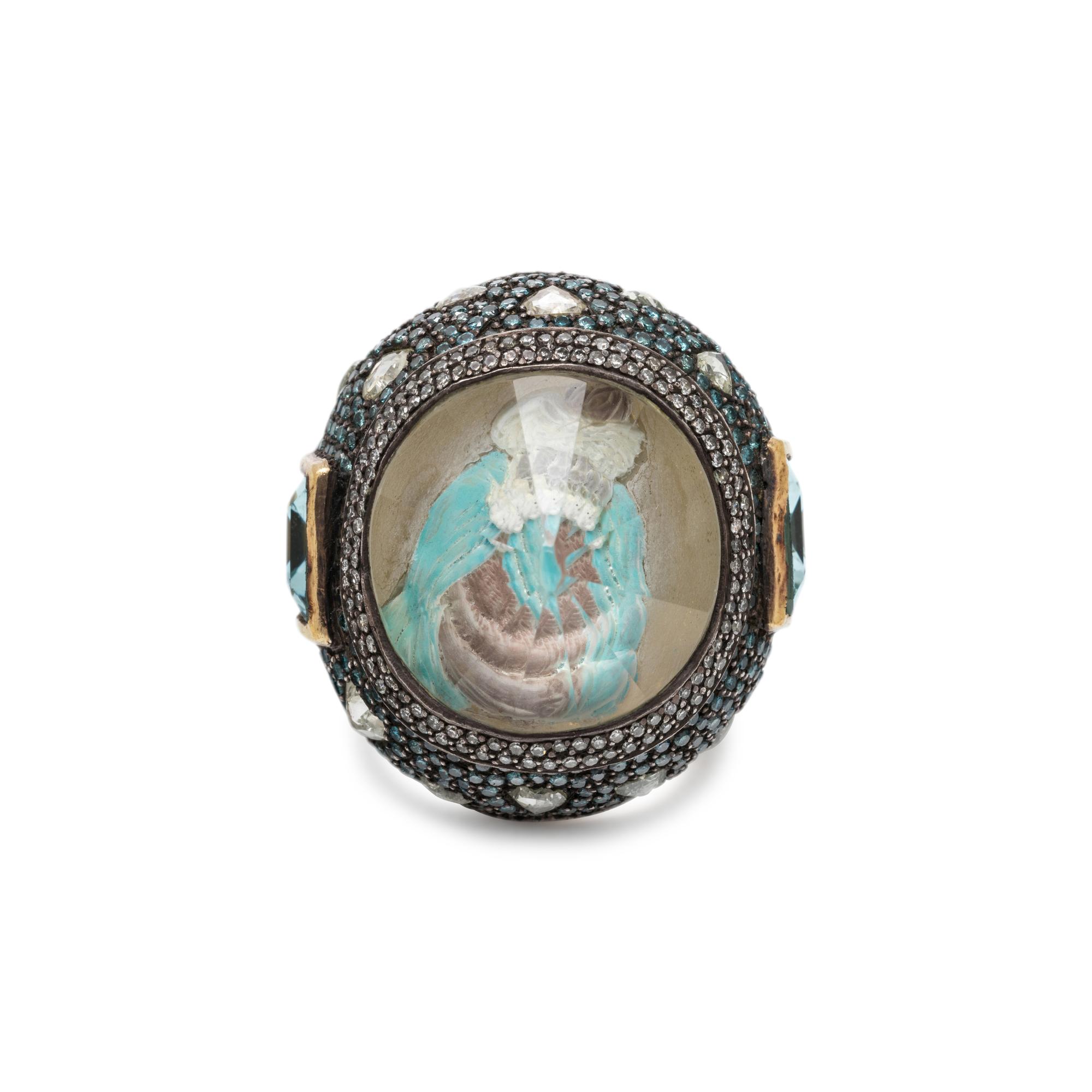 SEVAN BICAKCI, CARVED QUARTZ, AQUAMARINE AND DIAMOND RING