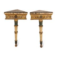A Pair of North Italian Polychrome-Painted and Parcel Gilt Marble-Top Corner Consoles