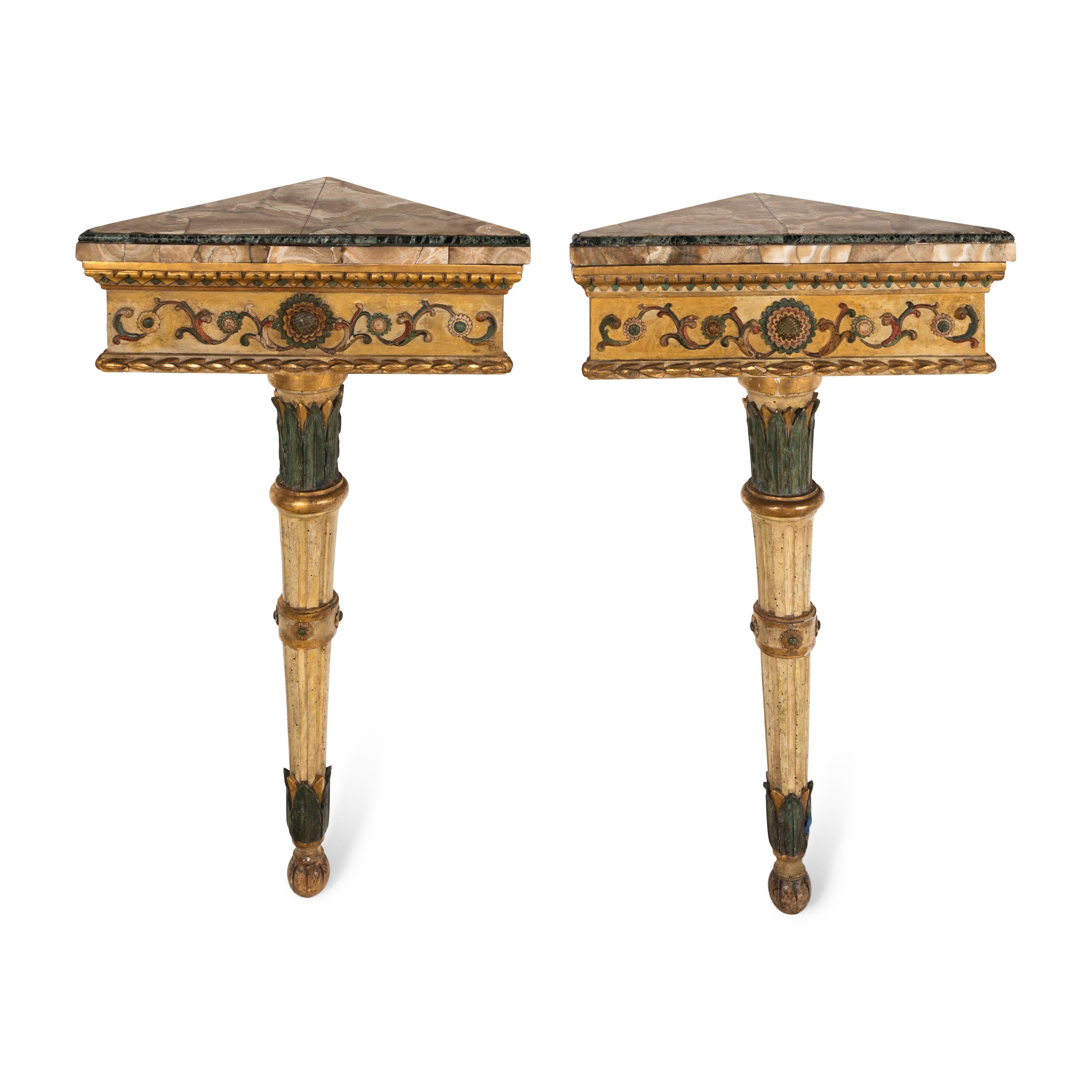 A Pair of North Italian Polychrome-Painted and Parcel Gilt Marble-Top Corner Consoles
