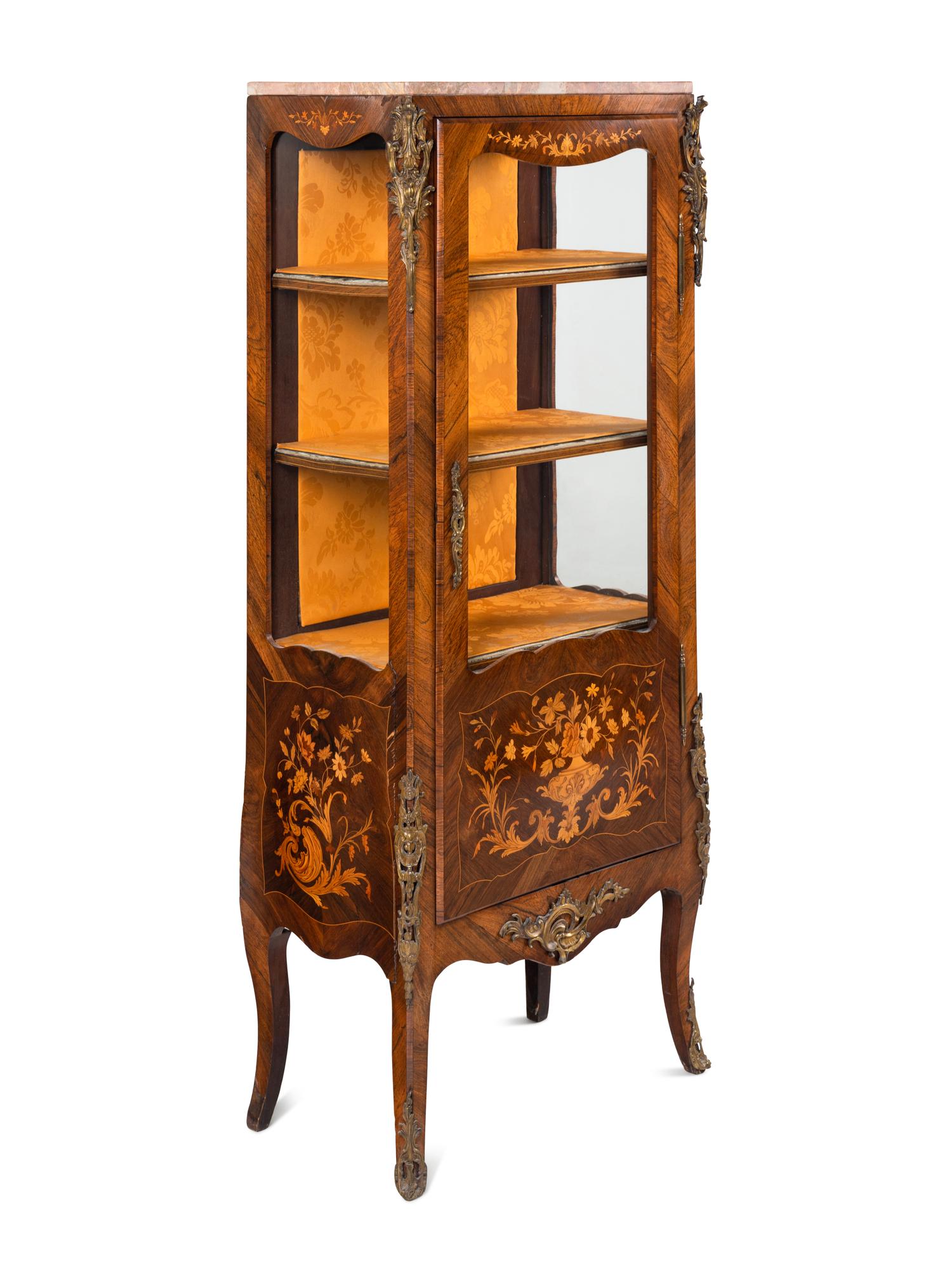 A Louis XV Style Gilt Metal Mounted Marquetry Marble-Top Vitrine Cabinet