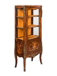 A Louis XV Style Gilt Metal Mounted Marquetry Marble-Top Vitrine Cabinet