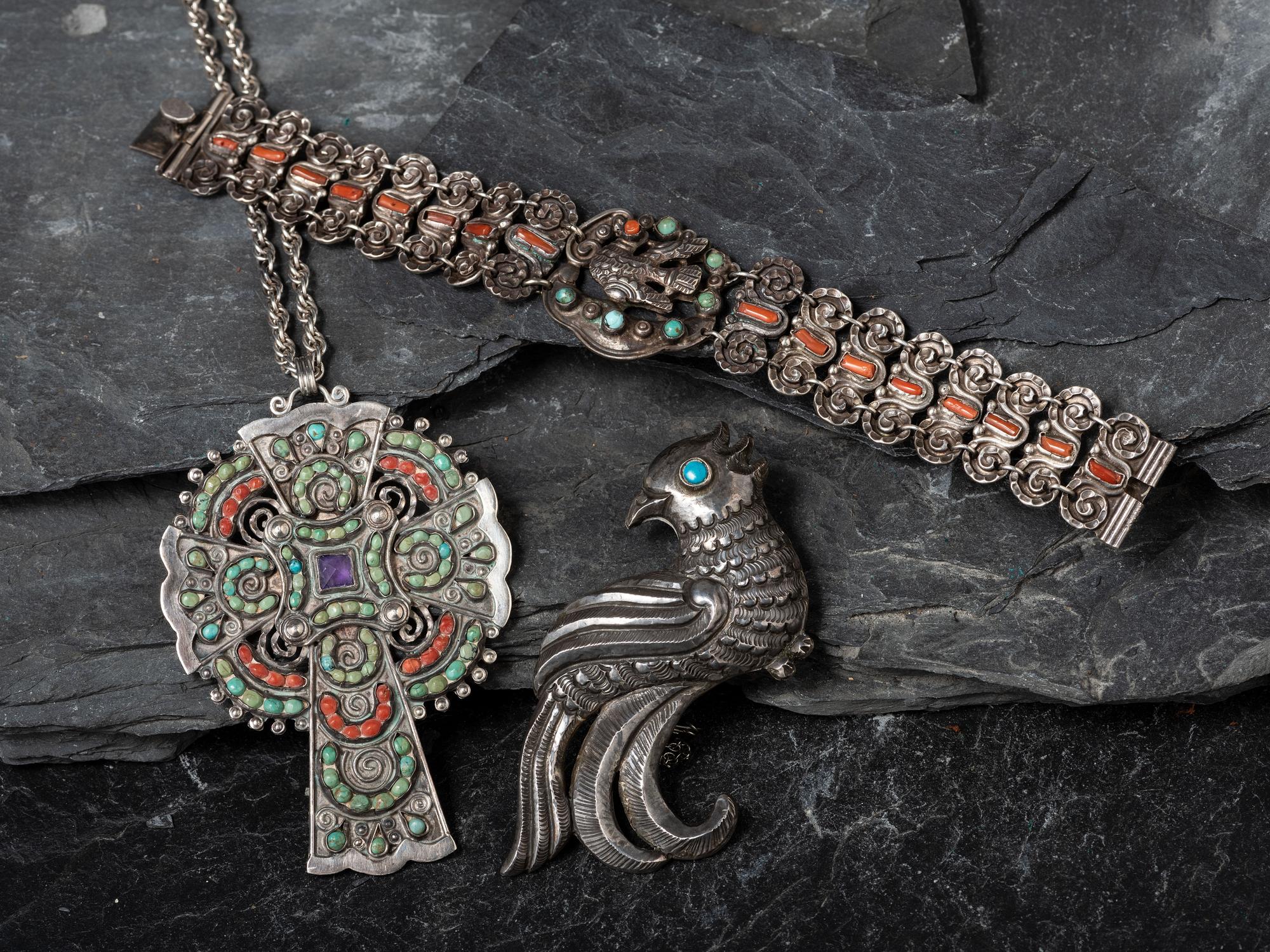 Silver Bracelet. Pendant, and Pin/Brooch