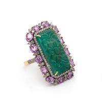 CARVED EMERALD, PINK SAPPHIRE AND DIAMOND RING