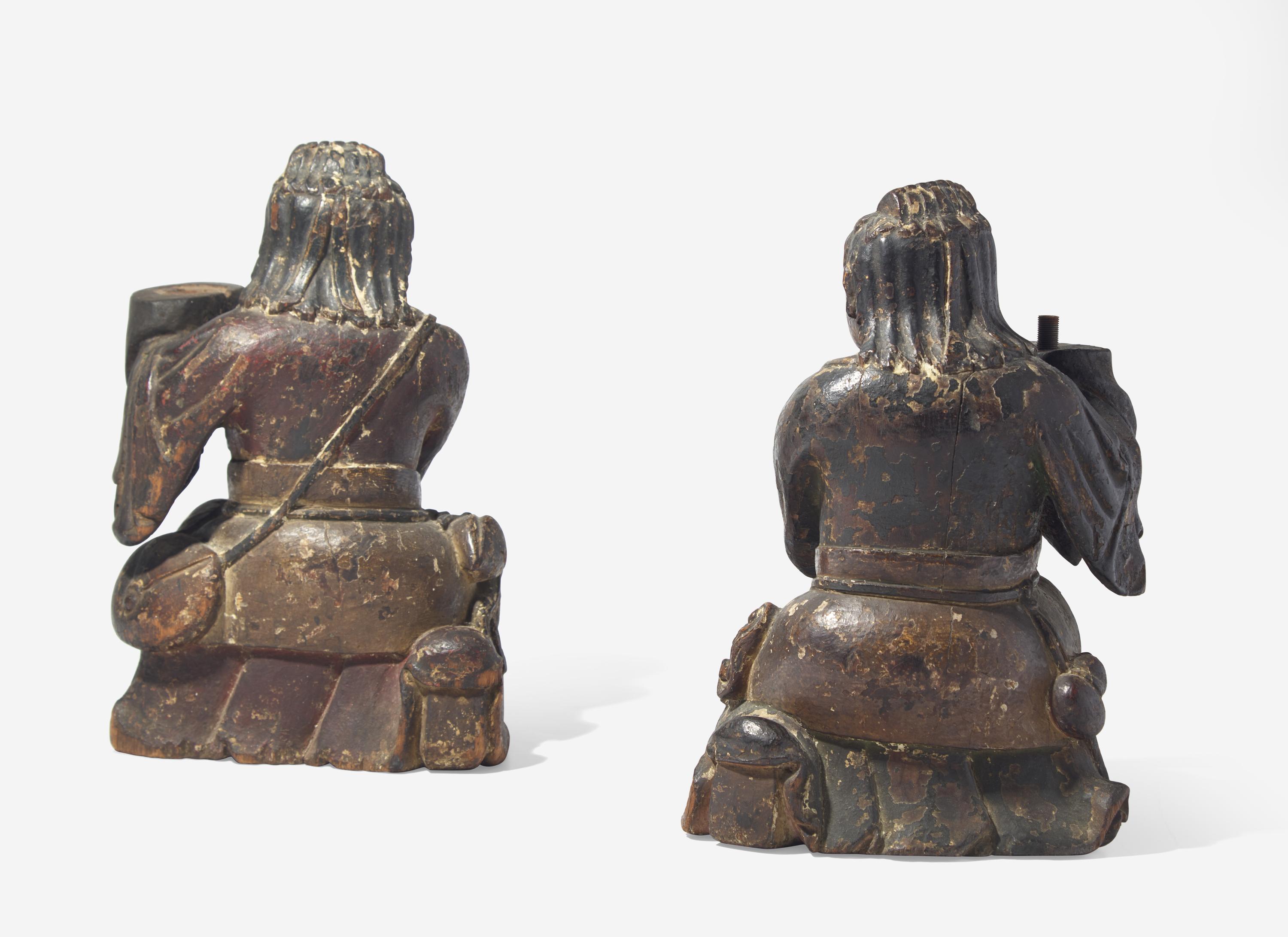 A Pair of Chinese Carved Wood Figural Candleholders