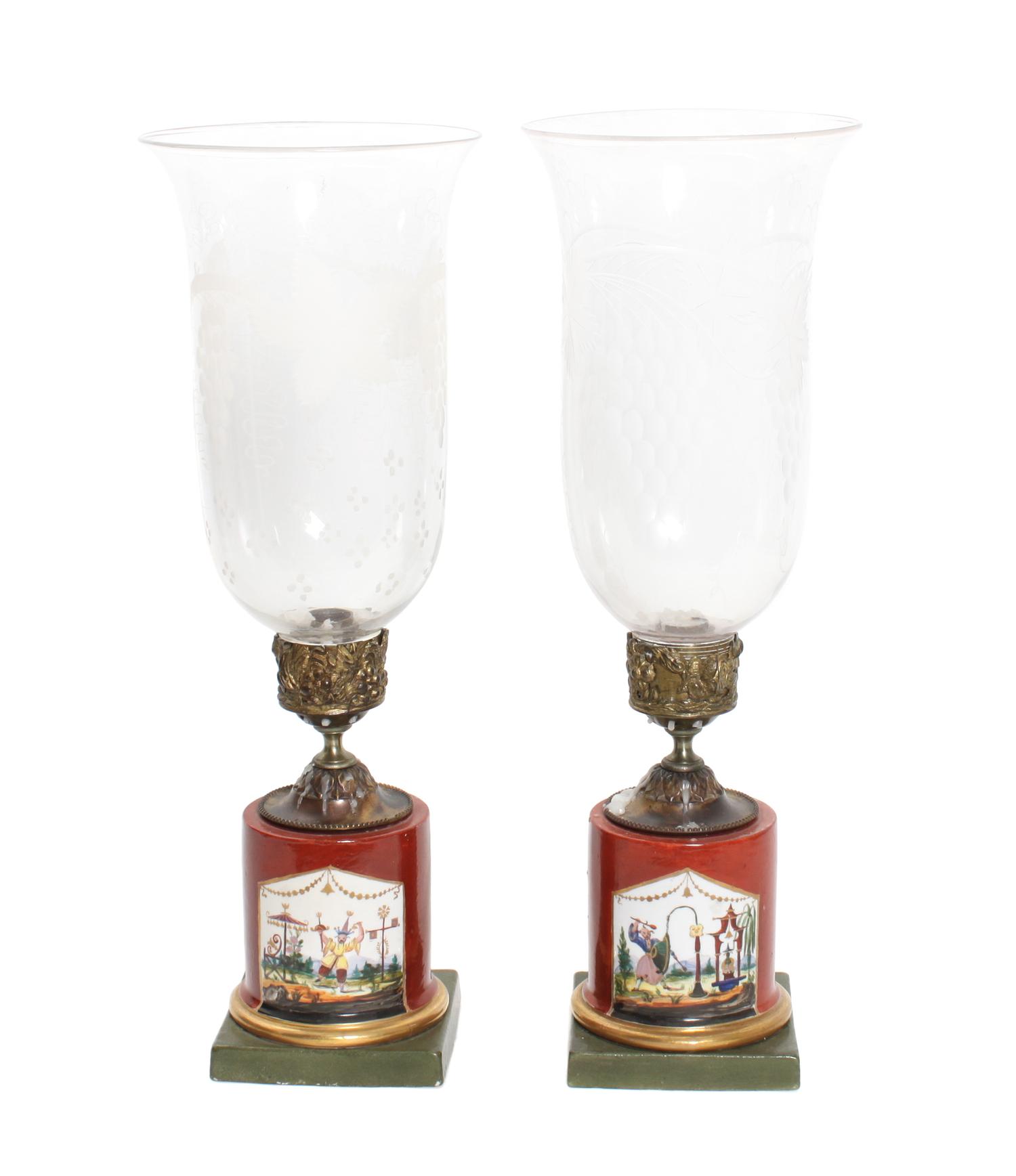 A Pair of Chinese Export Porcelain Hurricane Candle Sticks Height 18 1/2 inches