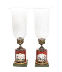 A Pair of Chinese Export Porcelain Hurricane Candle Sticks Height 18 1/2 inches