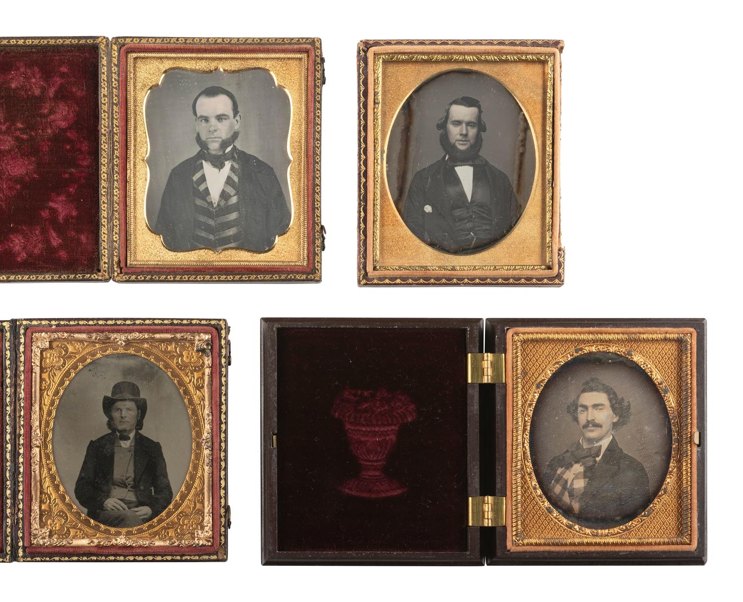[EARLY PHOTOGRAPHY]. 21 assorted cased images of men with hats and interesting hairstyles.