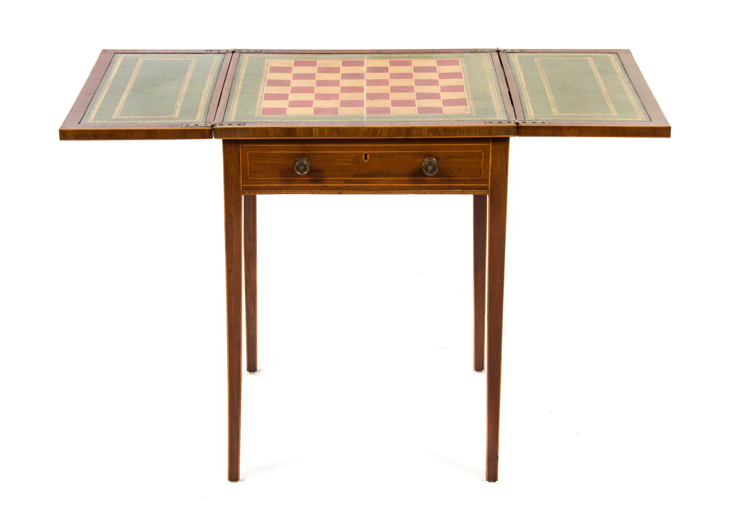 A George III Inlaid Mahogany Games Table, Height 27 1/8 x width 20 x depth 19 3/4 inches (closed).
