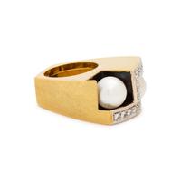 DIAMOND, CULTURED PEARL AND ENAMEL RING