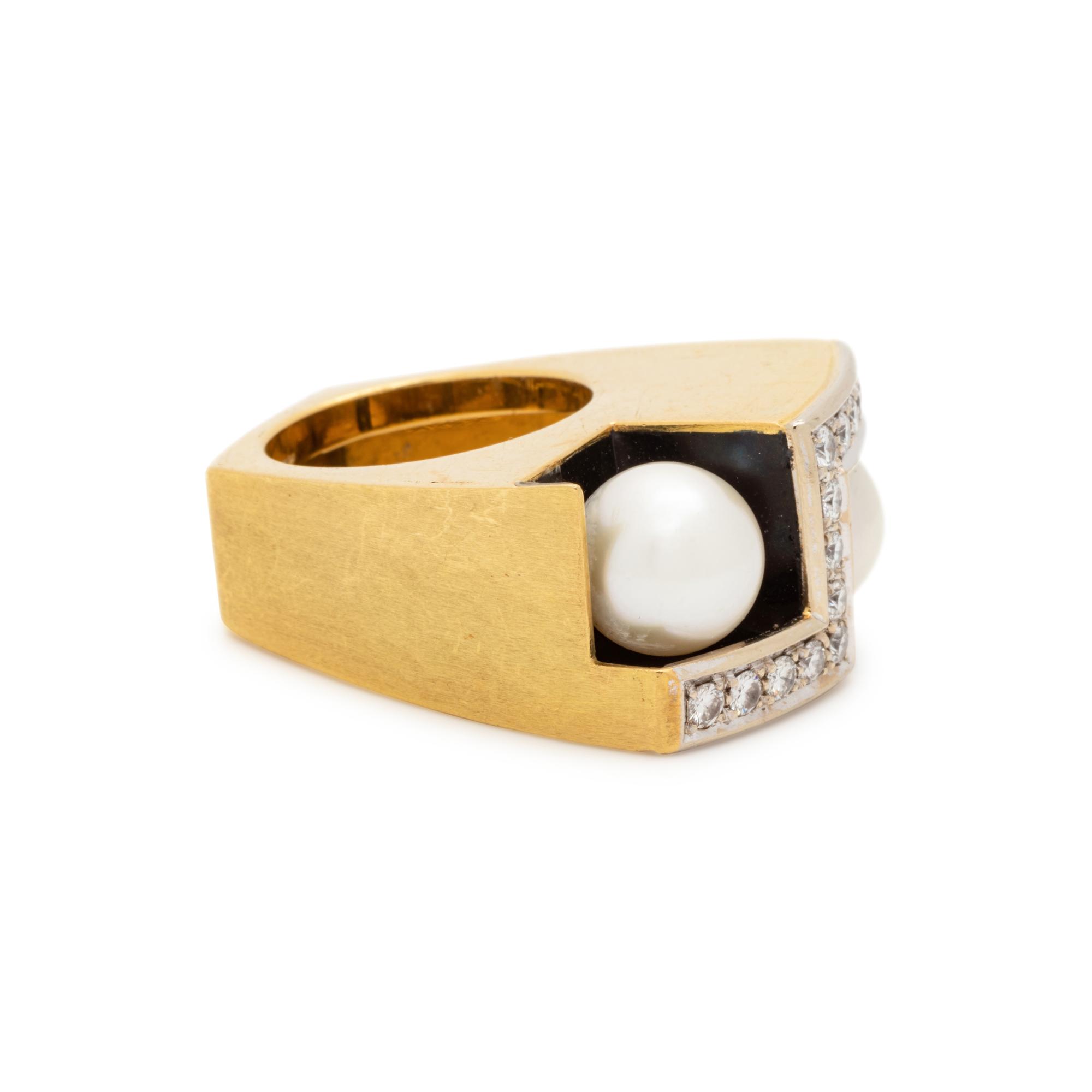 DIAMOND, CULTURED PEARL AND ENAMEL RING