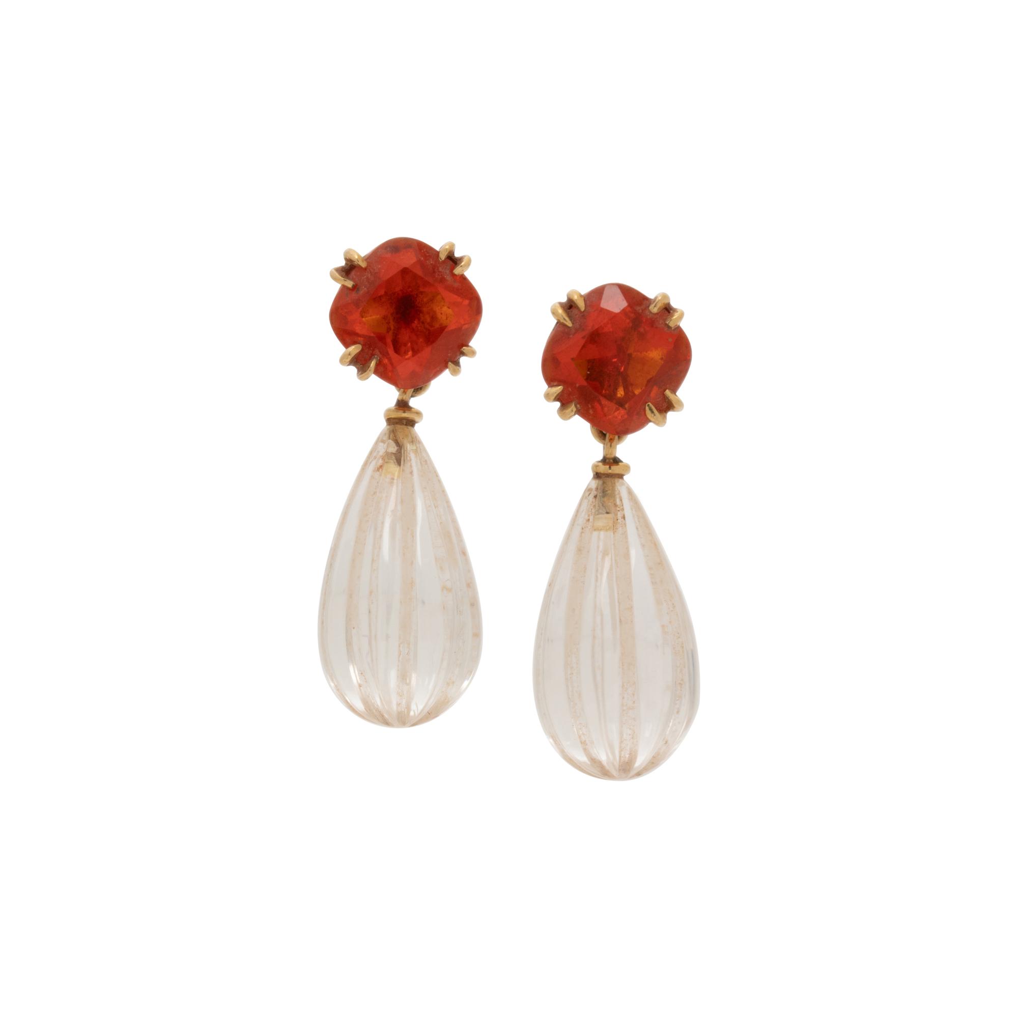 YELLOW GOLD, FIRE OPAL, AND ROCK CRYSTAL QUARTZ EARRINGS