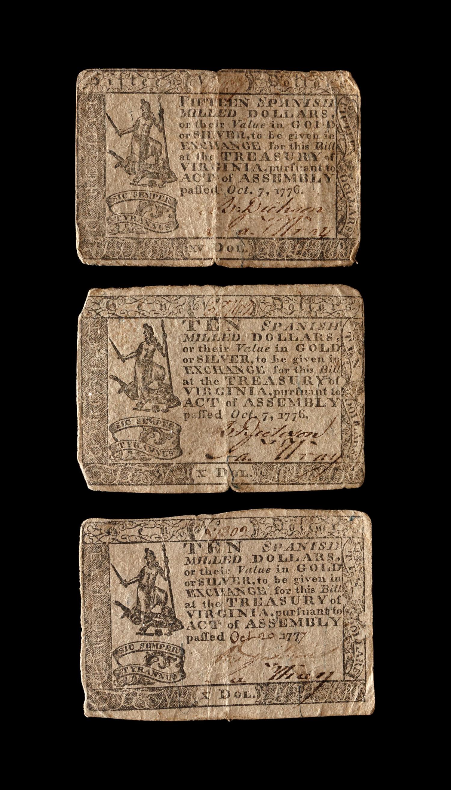 [VIRGINIA COLONY] A Group of Three Notes