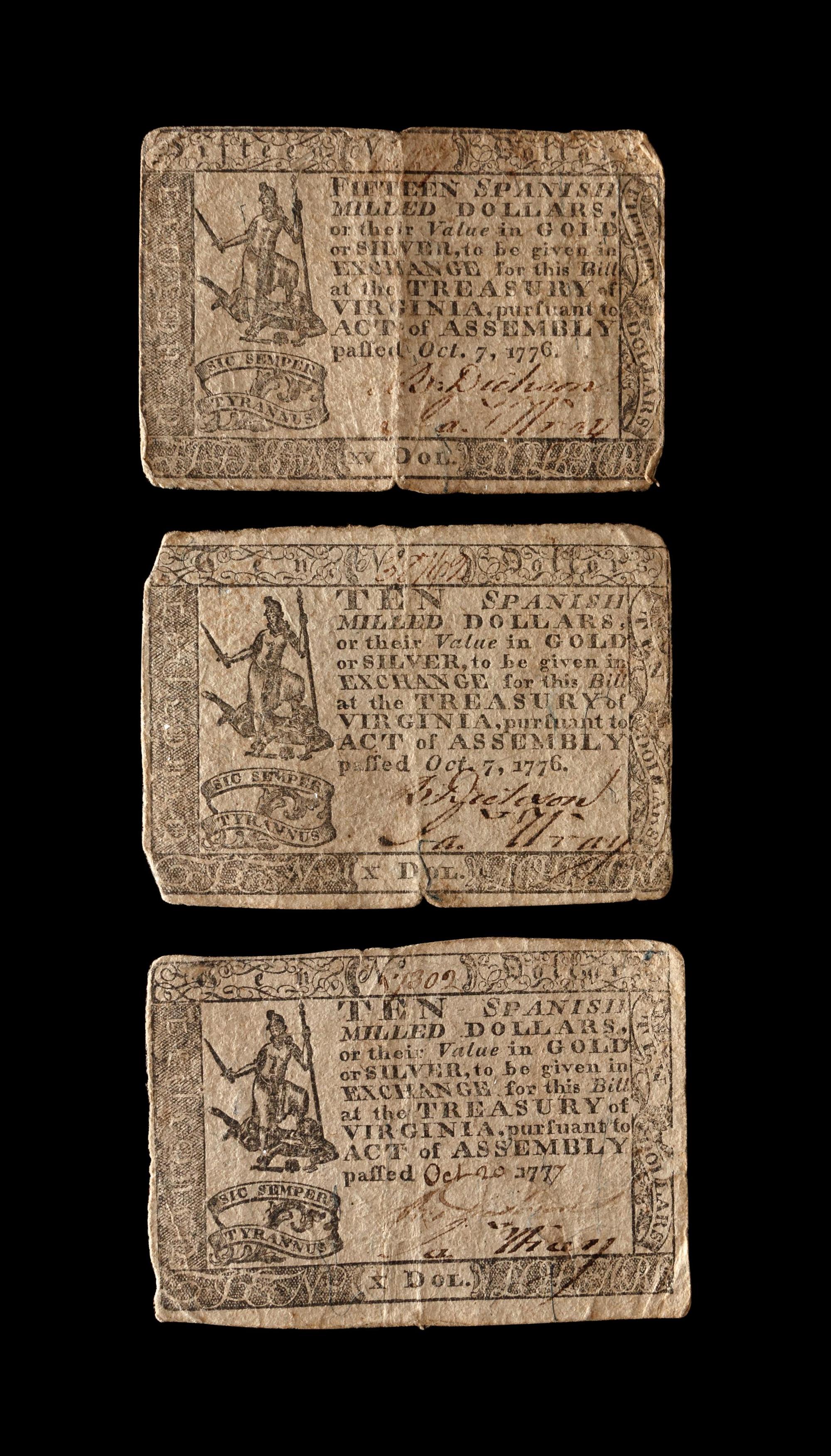 [VIRGINIA COLONY] A Group of Three Notes