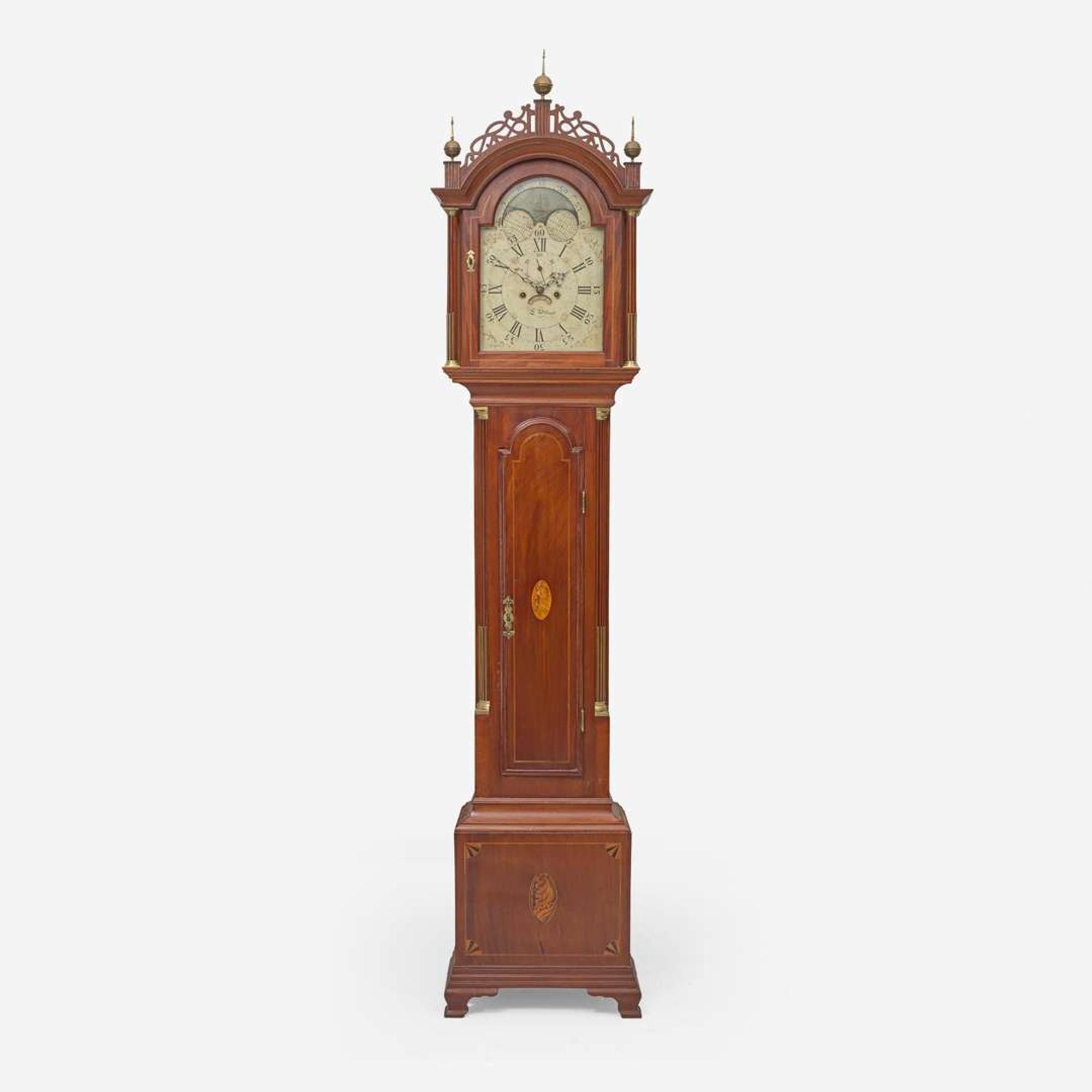 A Federal inlaid mahogany tall case clock Face signed Ephraim Willard (1755-1832), circa 1800