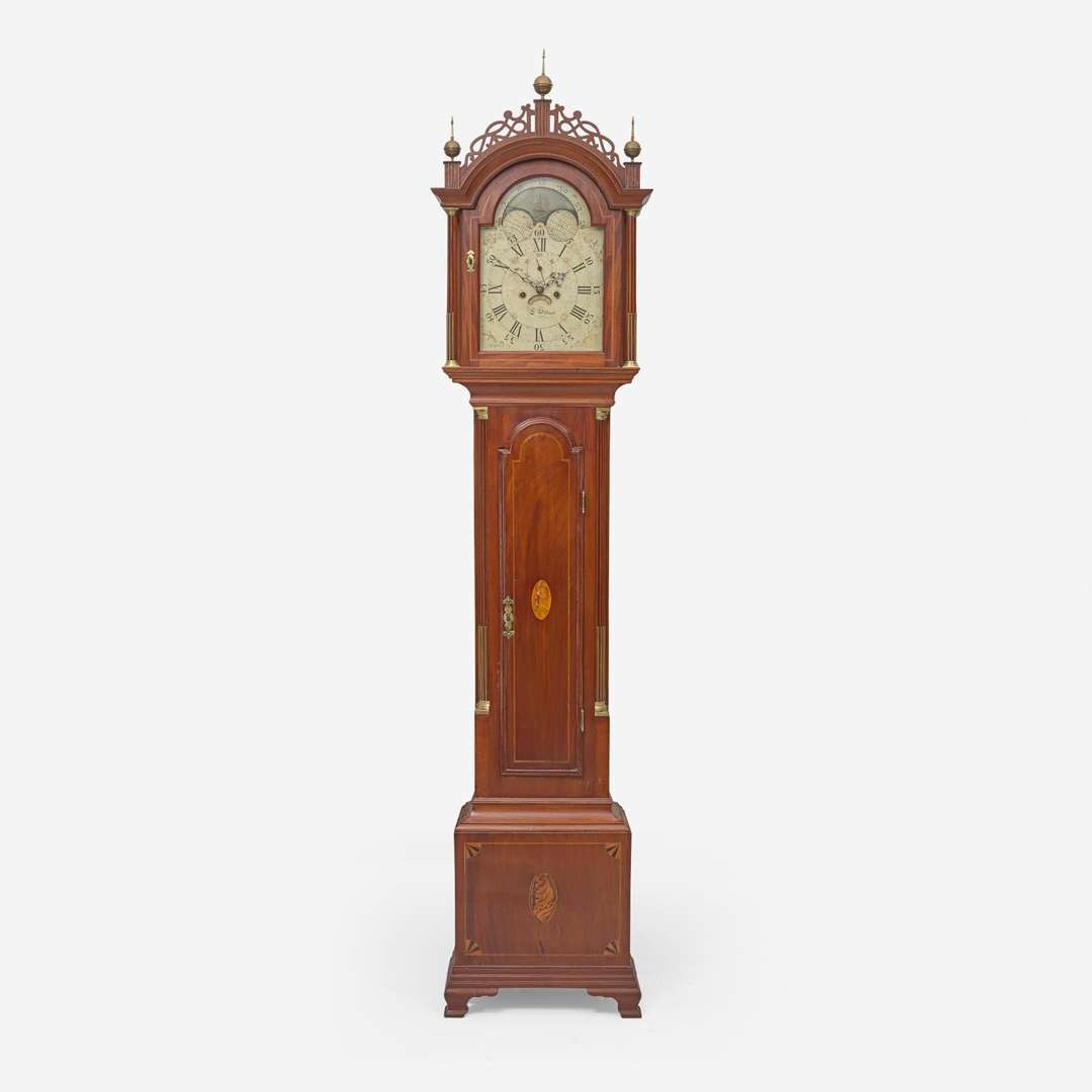 A Federal inlaid mahogany tall case clock Face signed Ephraim Willard (1755-1832), circa 1800