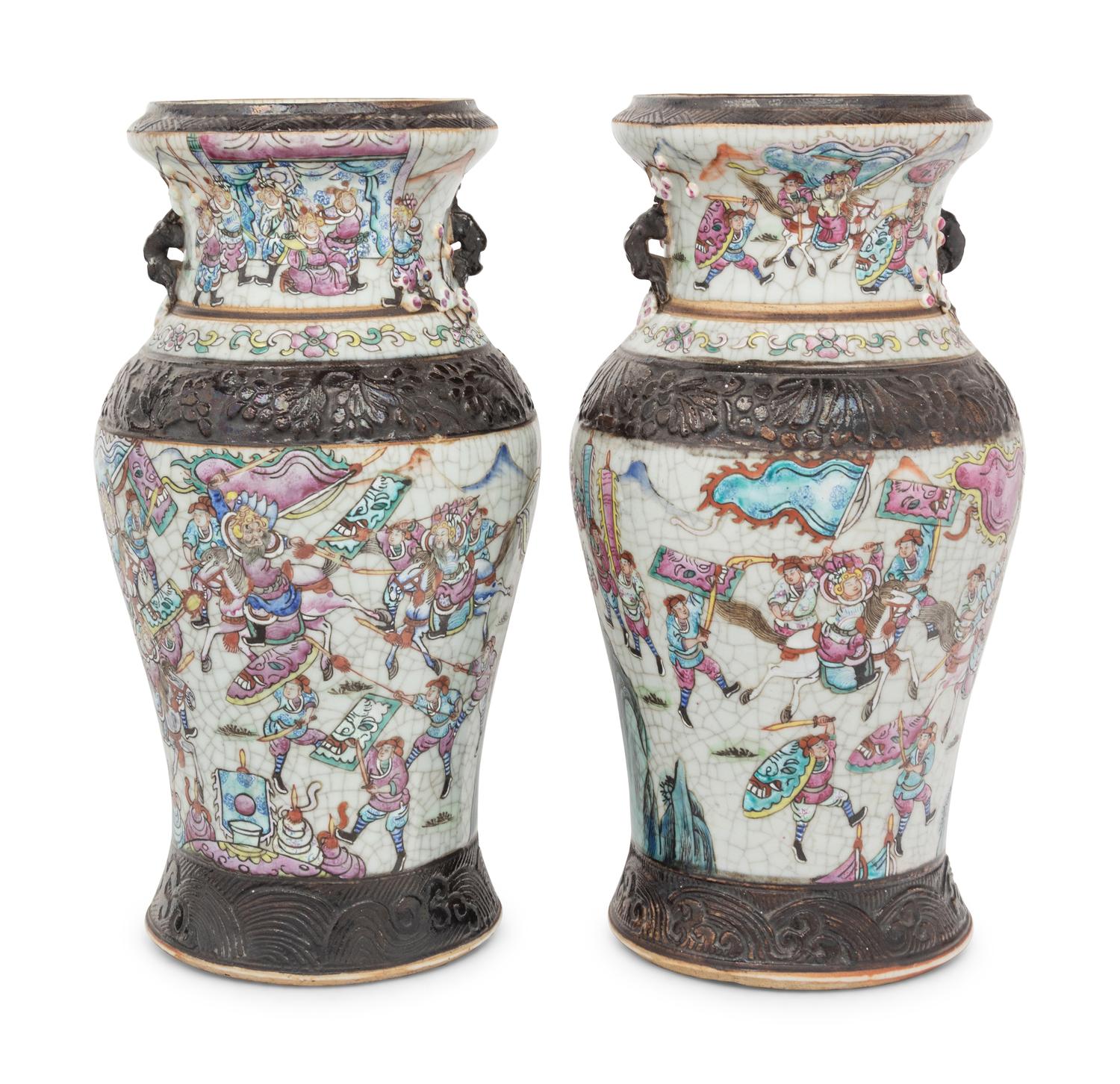 A Pair of Iron Decorated Famille Rose and Crackle Glazed Porcelain Vases