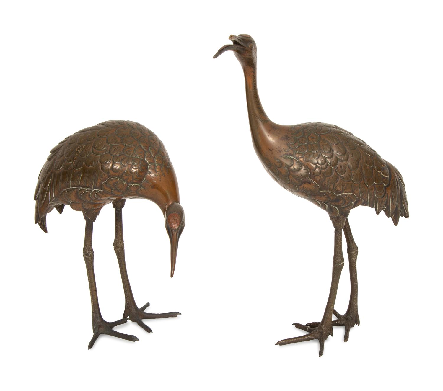 A Pair of Japanese Bronze Figures of Cranes