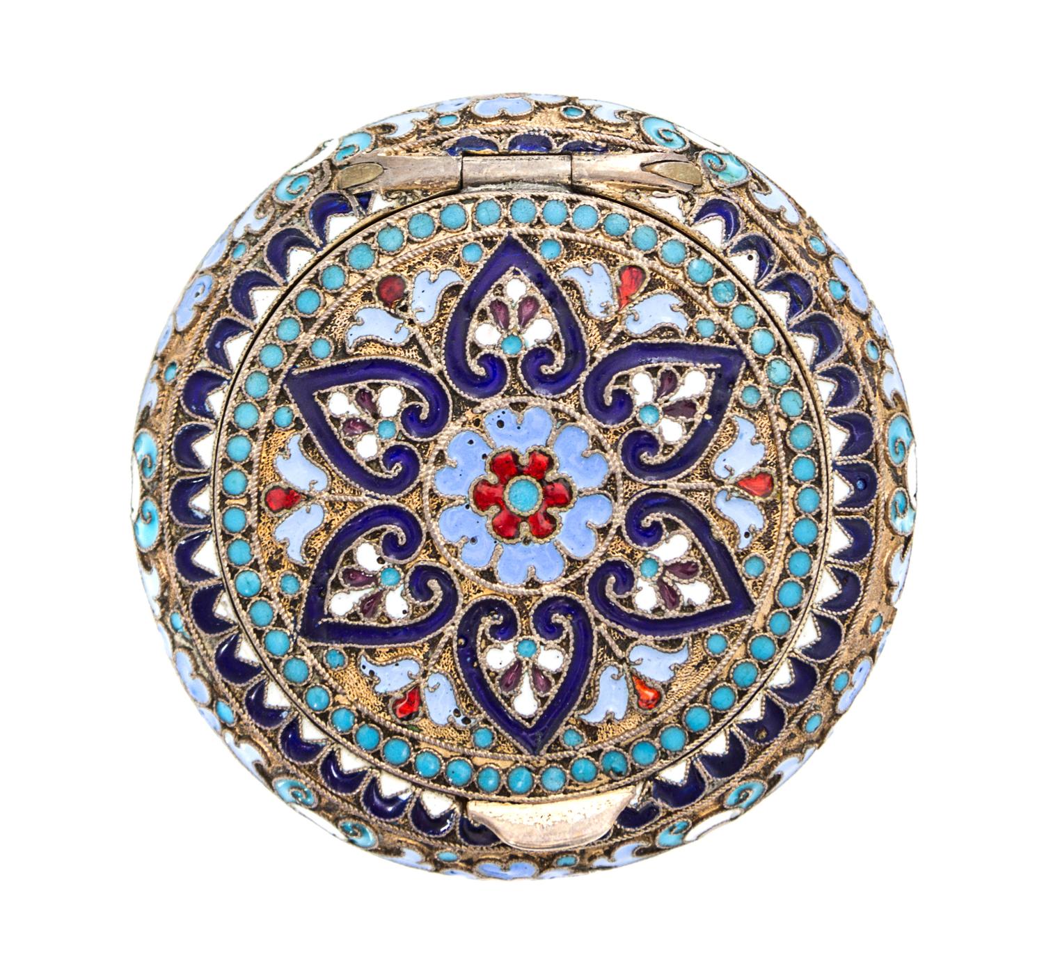 A Russian Enameled Silver Box, Gustav Klingert, Moscow, late 19th Century, of circular form with stylized foliate decoration.