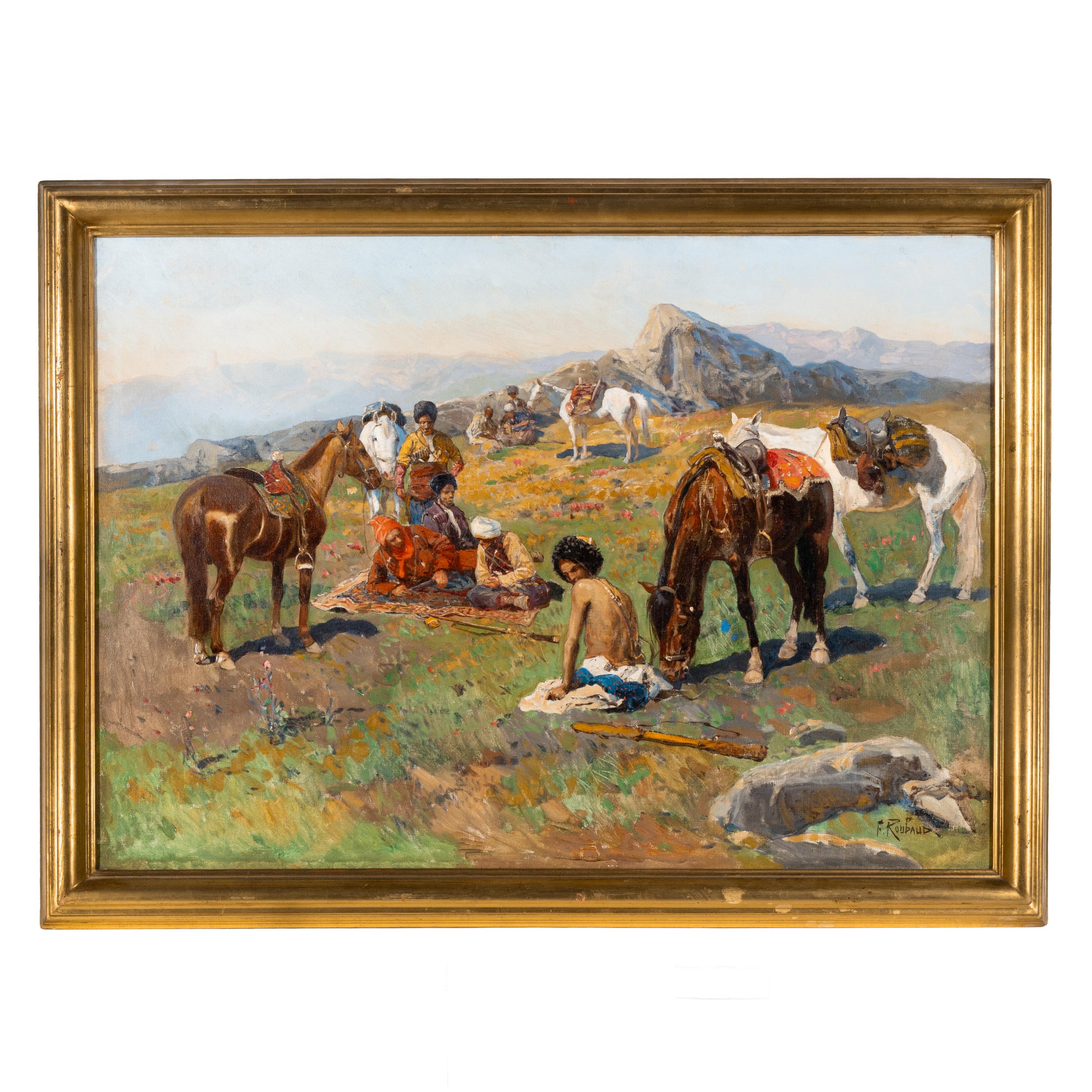 Franz Roubaud (Ukrainian, 1856-1928) — Circassian Horsemen Resting on a High Plateau