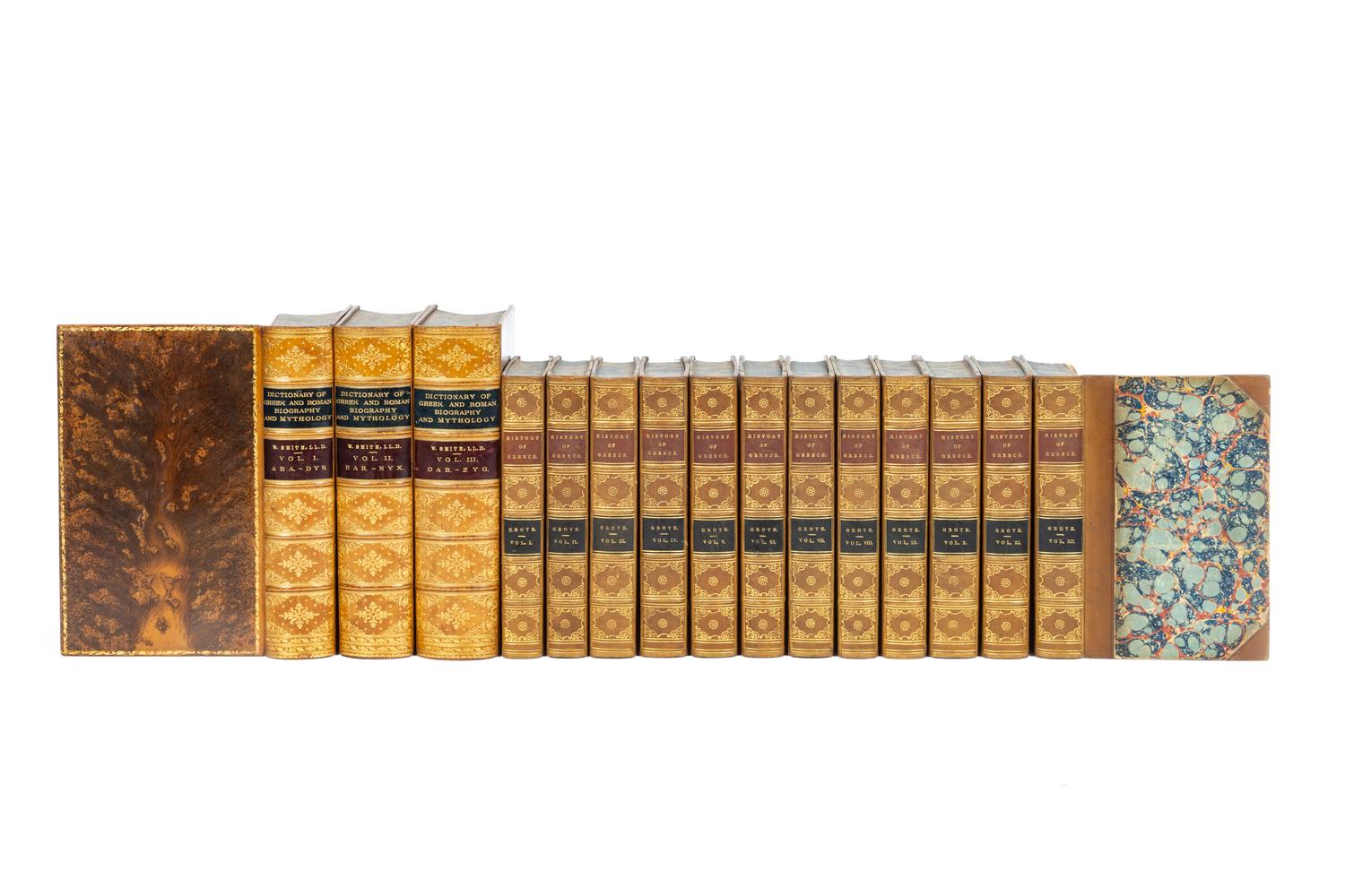 [GREEK HISTORY]. A group of 2 leather-bound works in 15 volumes relating to Greek history, comprising: