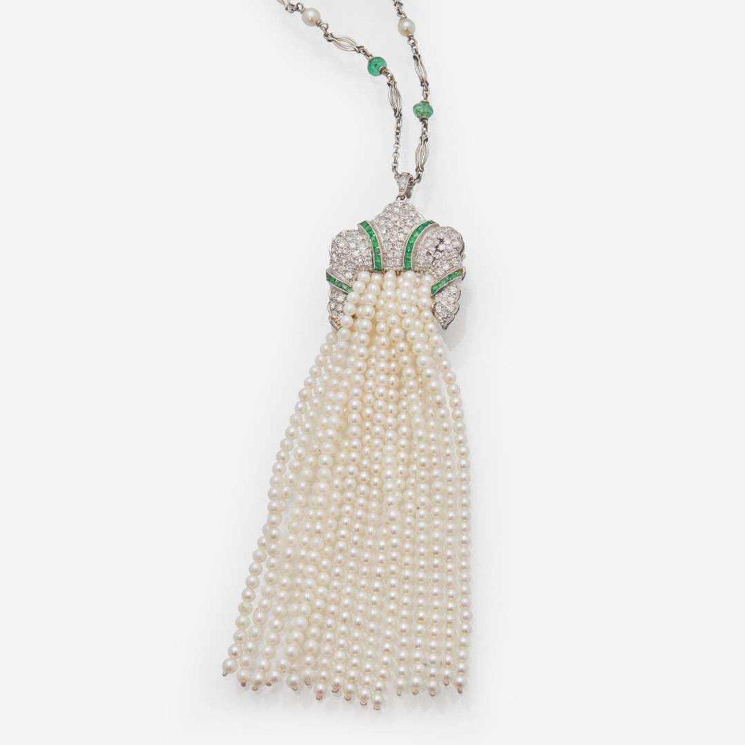 An Art Deco Diamond, Emerald, and Pearl Tassel Sautoir