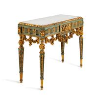 A Pair of Continental Green-Painted and Parcel Gilt Marble-Top Console Tables