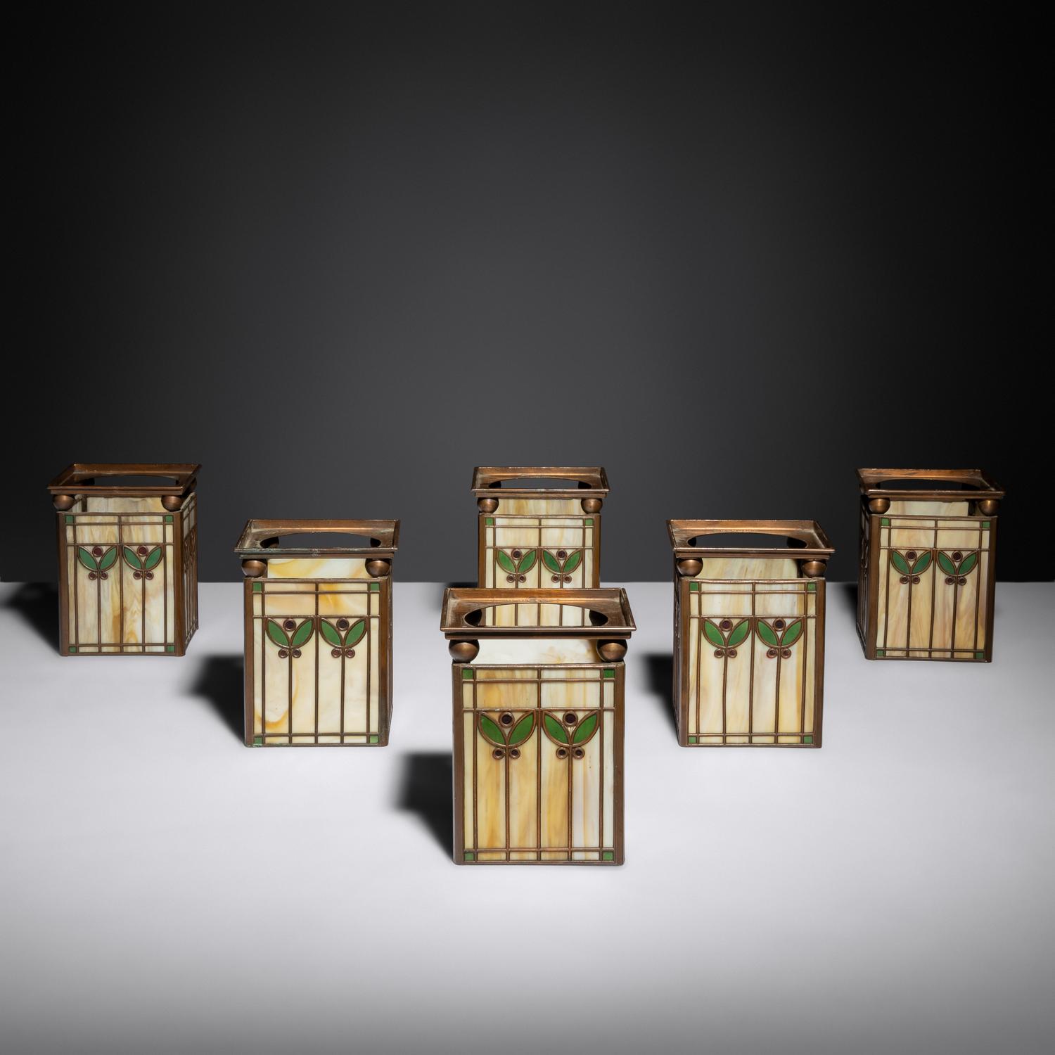 Slag glass shades, six, c. 1908 Handel Glass, USA
