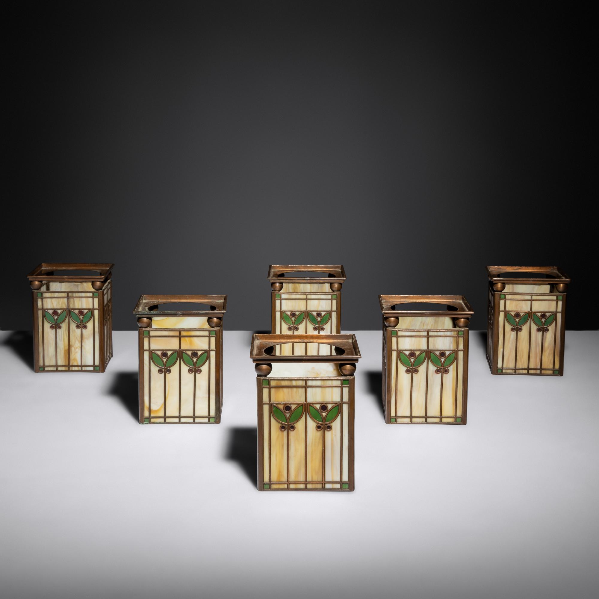 Slag glass shades, six, c. 1908 Handel Glass, USA