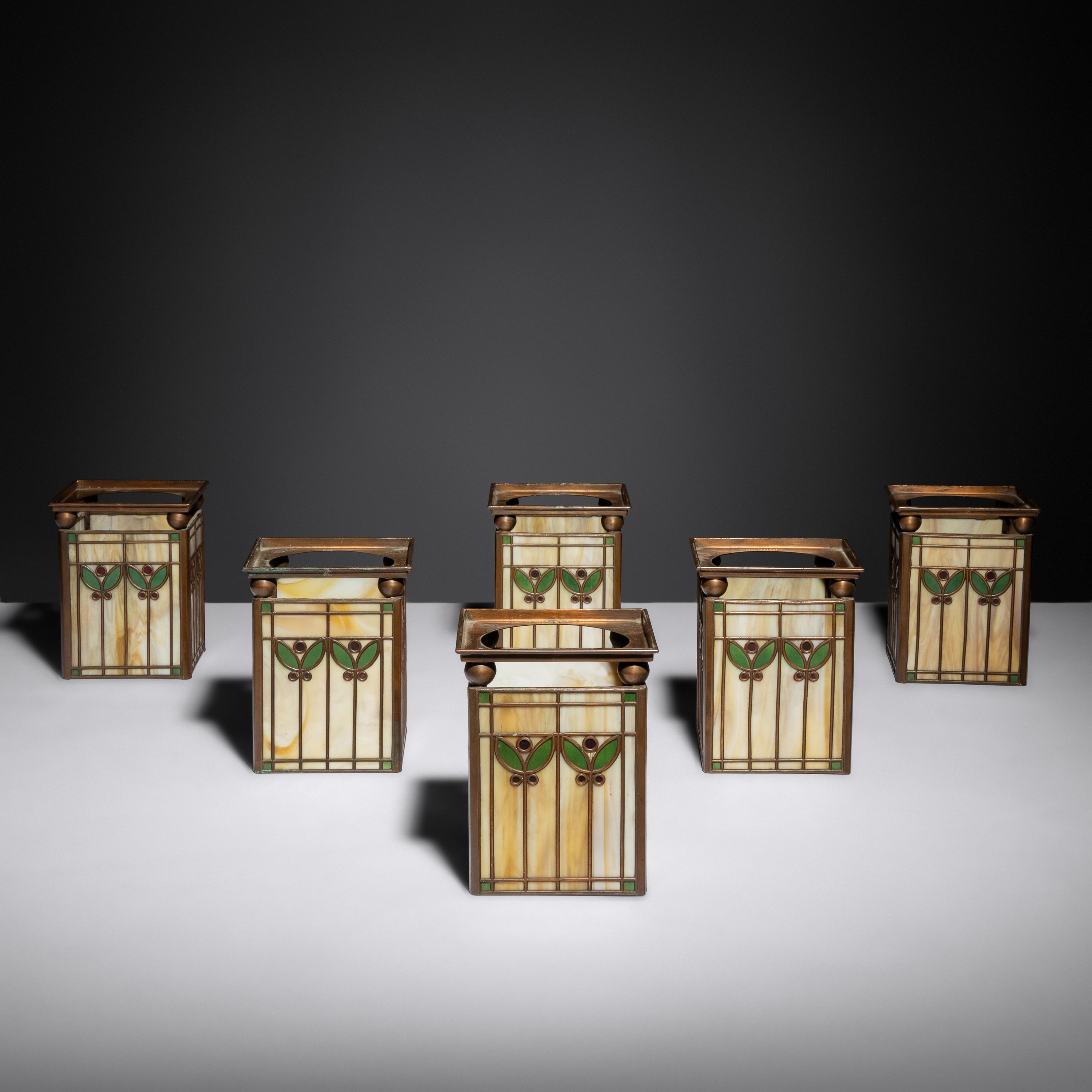 Slag glass shades, six, c. 1908 Handel Glass, USA