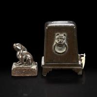 A Chinese pale celadon jade archaistic libation cup and a bronze rabbit seal 玉匜与铜兔印章一组 The jade 17th/18th Century, the seal possibly Yuan dynasty ?????????? ??????