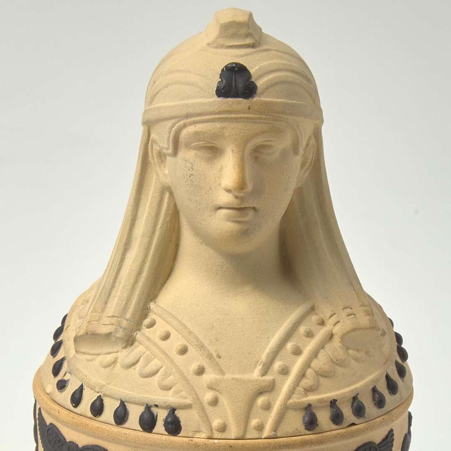 A Wedgwood Caneware and Black Basaltes Canopic Jar-Form Inkwell UK, circa 1780s