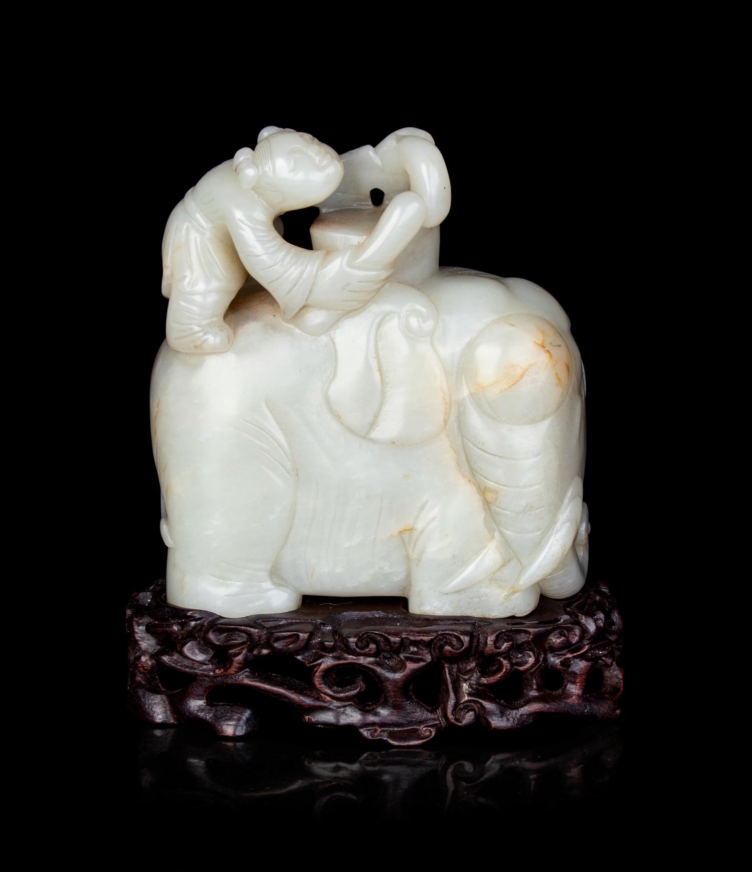 A Pale Celadon Jade 'Boy and Elephant' Group