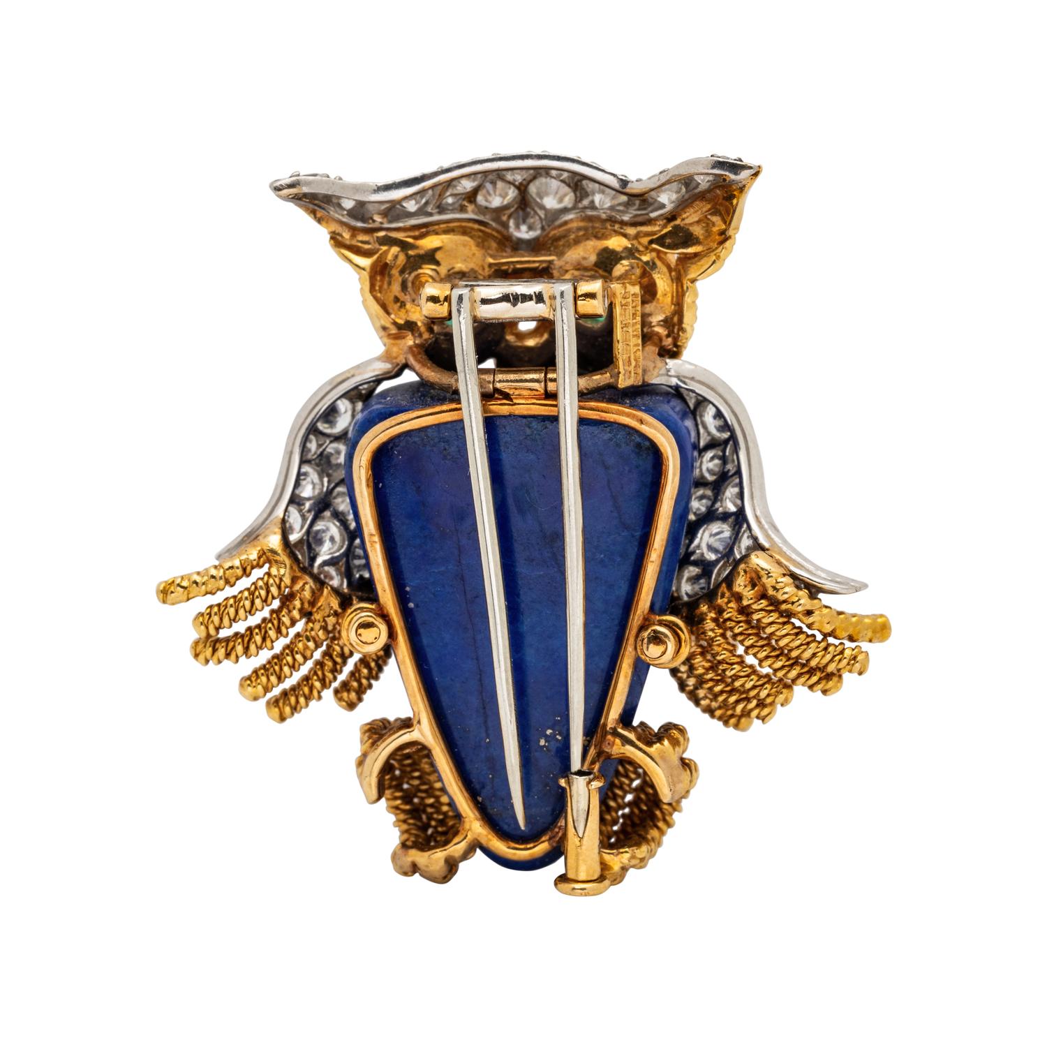 DAVID WEBB, DIAMOND, LAPIS LAZULI AND EMERALD OWL BROOCH