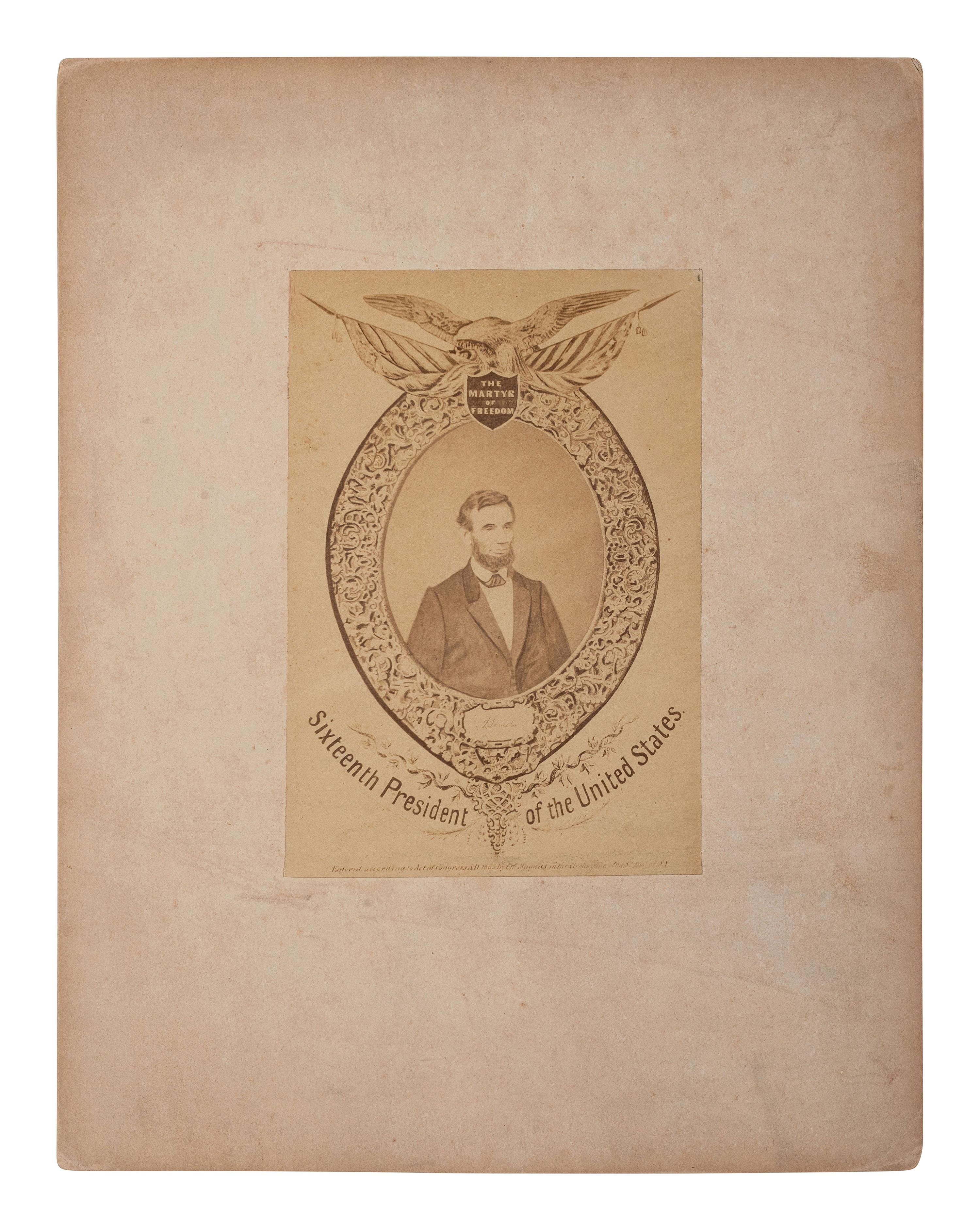 [LINCOLN, Abraham (1809-1865)]. A group of 2 images honoring Lincoln, incl. commemorative albumen print, The Martyr of Freedom . New York: Charles Magnus, 1865.