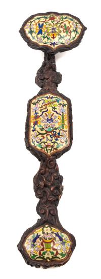 A Chinese Cloisonne Inset Carved Hardwood Ruyi Scepter Length 22 1/2 inches. — 19TH/20TH CENTURY