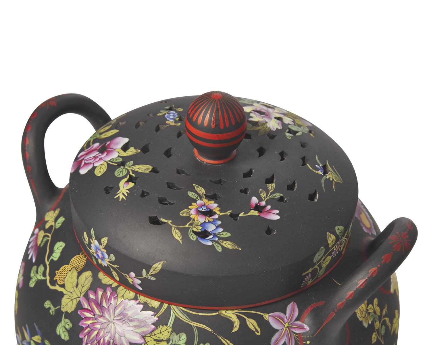 A Wedgwood Polychrome Enameled Black Basalt Potpourri Jar and Cover