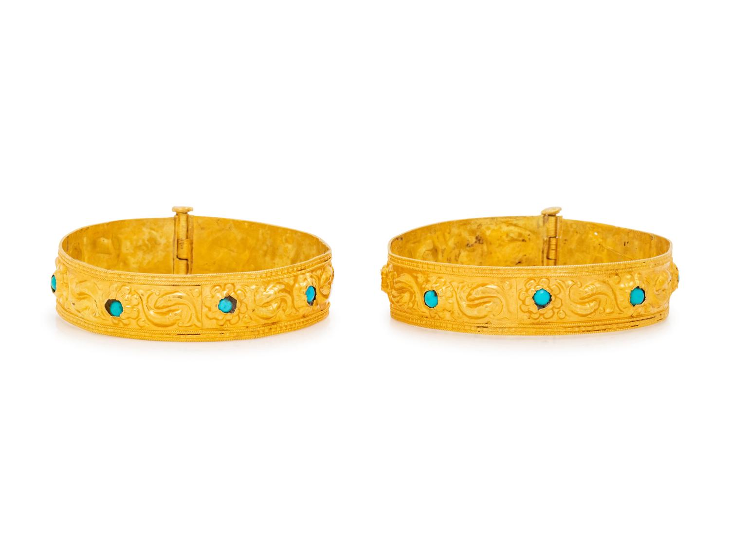 A Pair of Yellow Gold and Turquoise Bangle Bracelets,