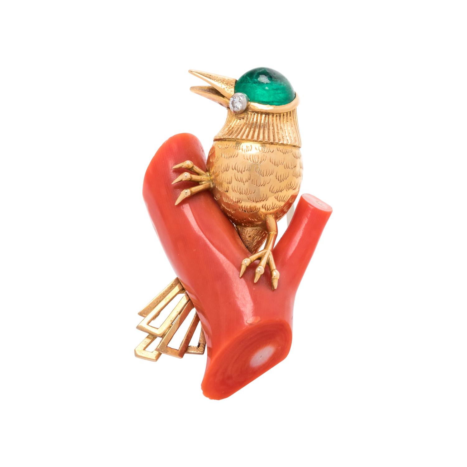 CARTIER, LONDON, CORAL AND EMERALD BIRD BROOCH