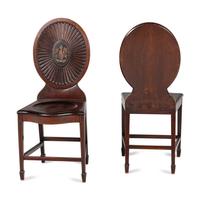 A Pair of Regency Style Mahogany and Polychrome Decorated Hall Chairs