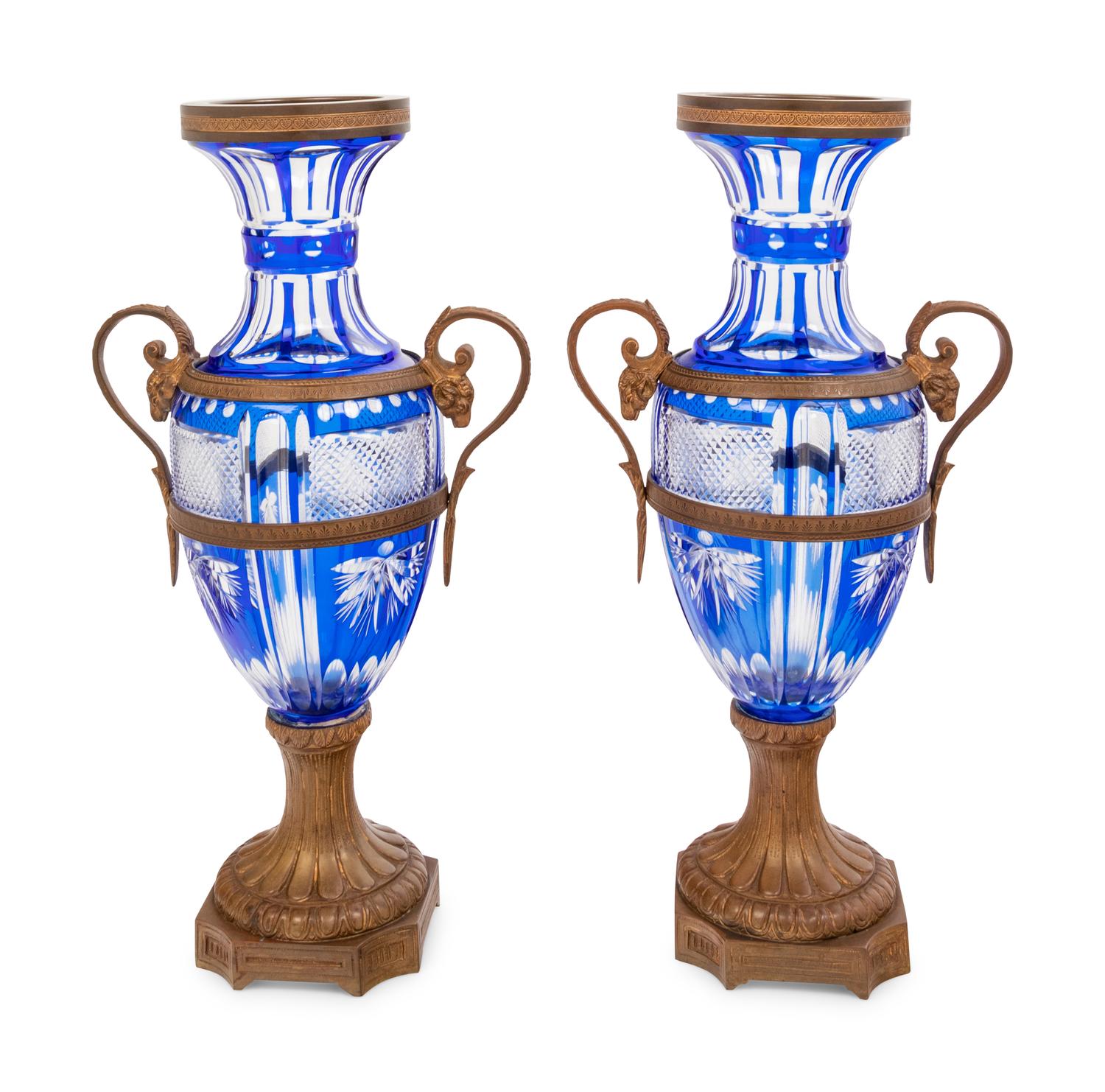 A Pair of French Gilt Bronze Mounted Cobalt Cut-to-Clear Glass Vases