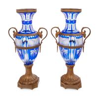 A Pair of French Gilt Bronze Mounted Cobalt Cut-to-Clear Glass Vases