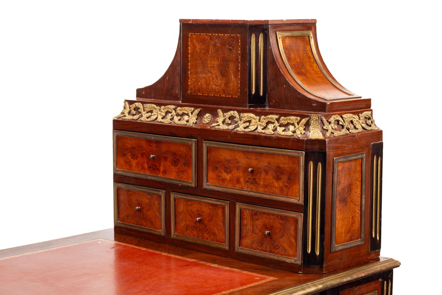 A Louis XVI Style Gilt Bronze Mounted Kingwood and Burlwood Bureau Plat and Cartonnier